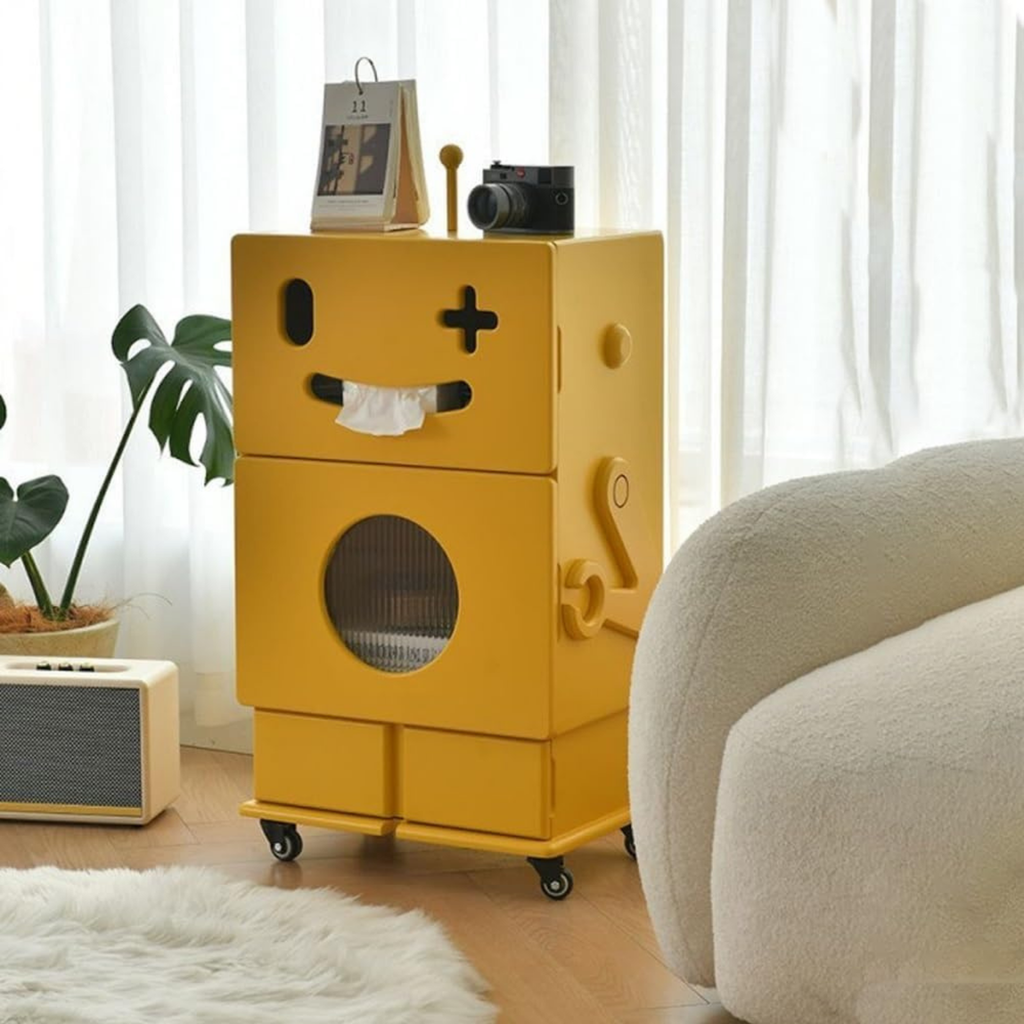 Creative robot side table with 2-tier storage, built-in tissue holder, mobile wheels, MDF construction and modern accent design for living room and sofa