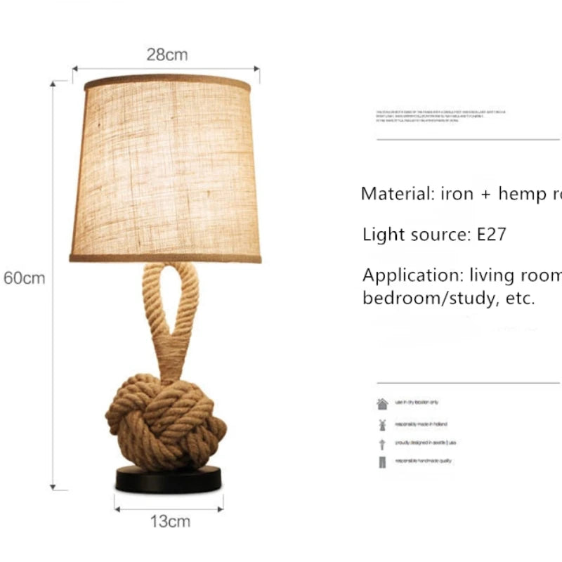 Vintage Hemp Rope Table Lamp E27 Night Table Lamps for Living Room Bedroom Study Desk Decor Industrial Iron Home Bedside Lamp