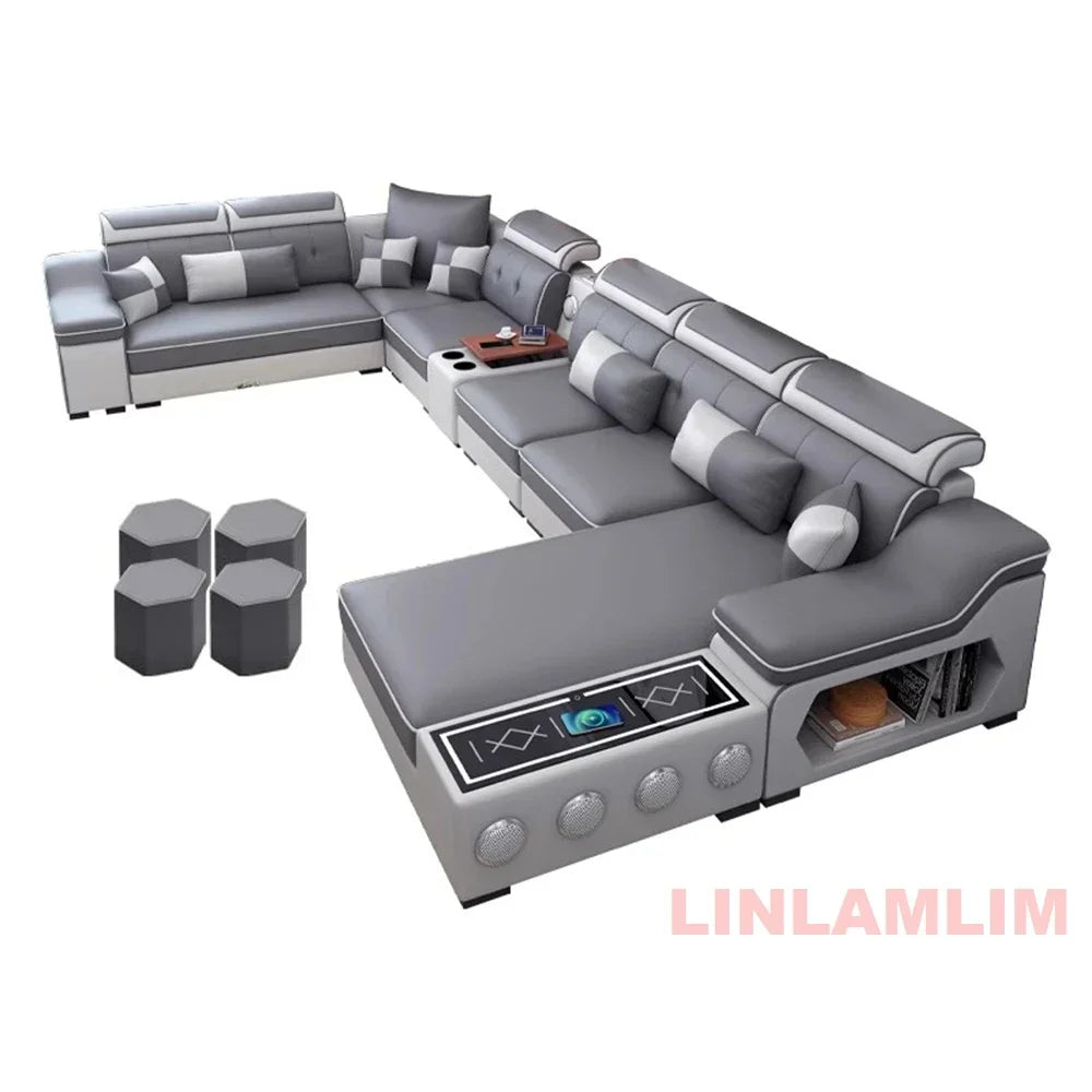 Modern Scientific Fabric Sectional Sofa Set with Chaise Lounge, Bluetooth Speakers, USB Charging Ports for Living Room