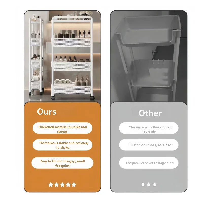 Mobile Shelf with Wheels Narrow Gap Trolley Multi-Layers Storage Rack Kitchen Bathroom 2/3/4 Tiers Storage Trolley Rolling Cart