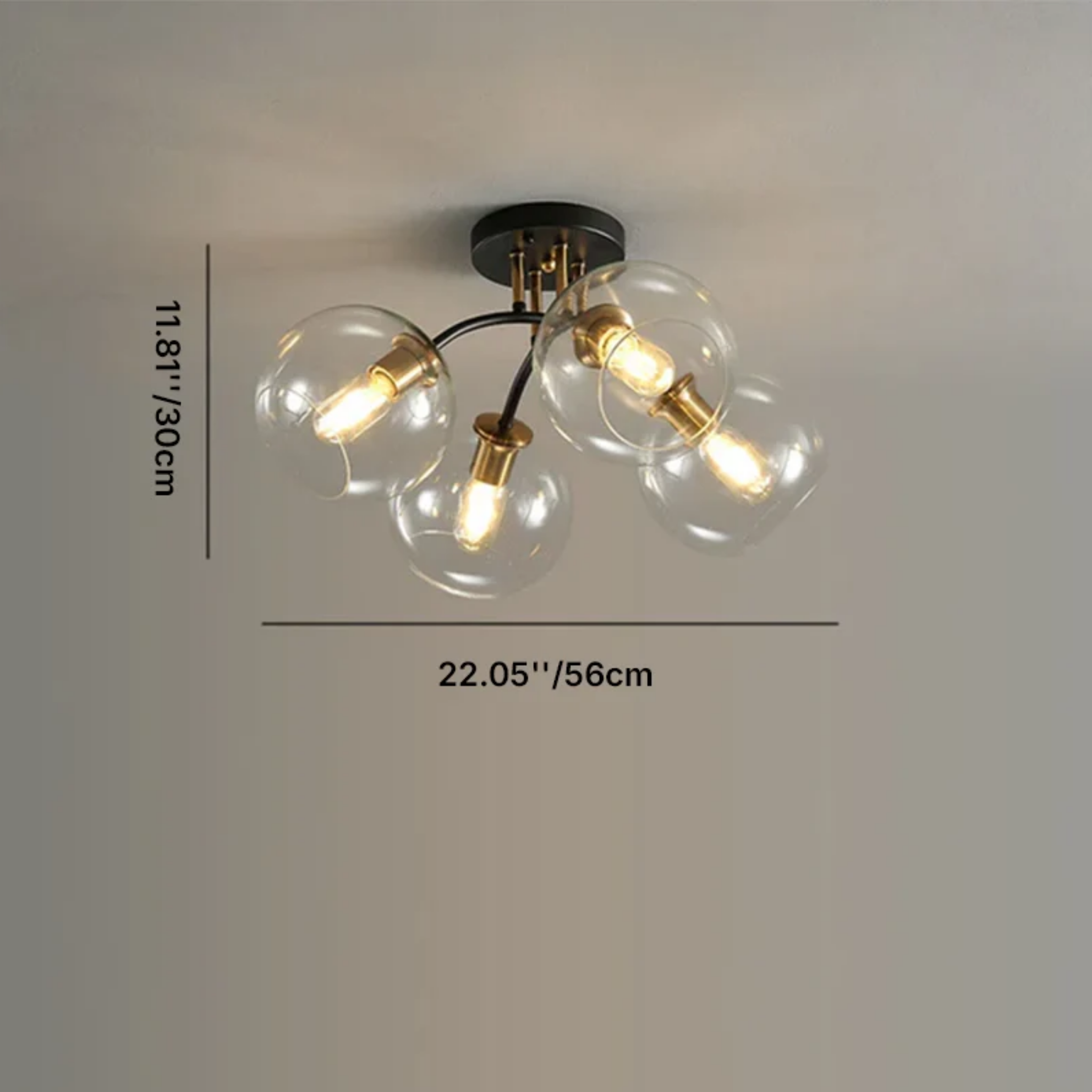 Dimensions of 4-light glass ceiling fixture with round shades