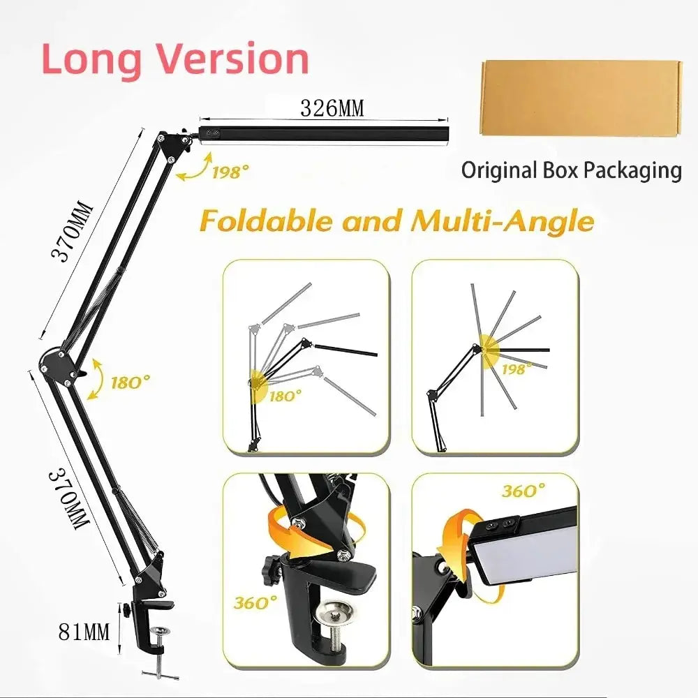 LED Folding Metal Desk Lamp Clip on Light Clamp Long Arm Diming Table Lamp 3 Colors Adjustable for Living Room Reading Computers
