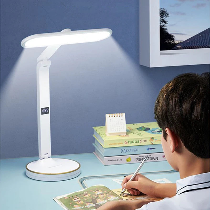 LED Clock Table Lamp USB Chargeable Dimmable Desk Lamp Plug-In LED Light Foldable Eye Protection Reading Night Light