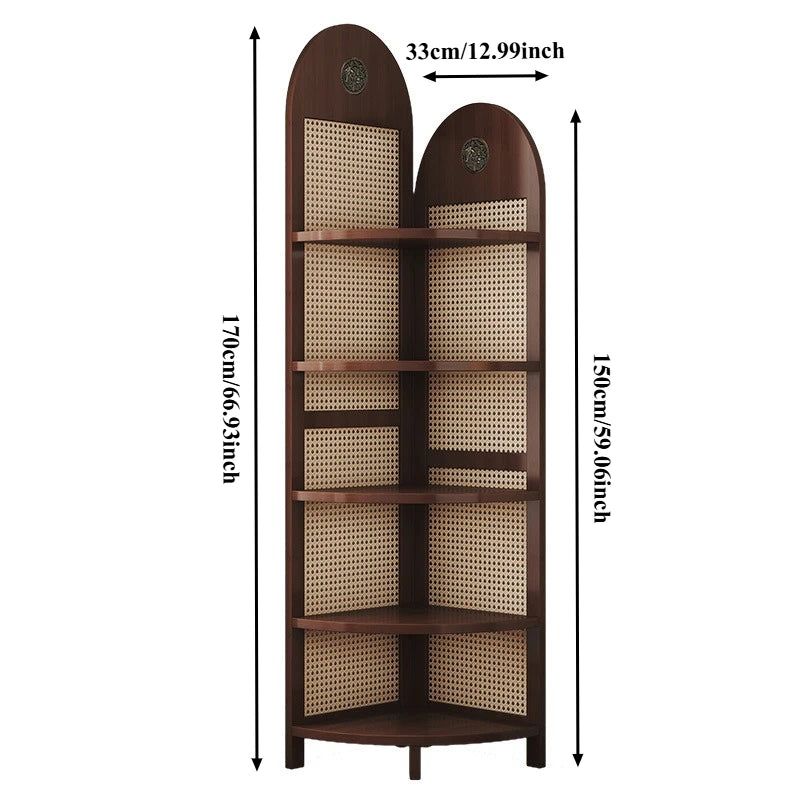 Retro Rattan Woven Decorative Shelf L-Shaped Design Solid Wood Corner Cabinet for Living Room, Study, Bedroom