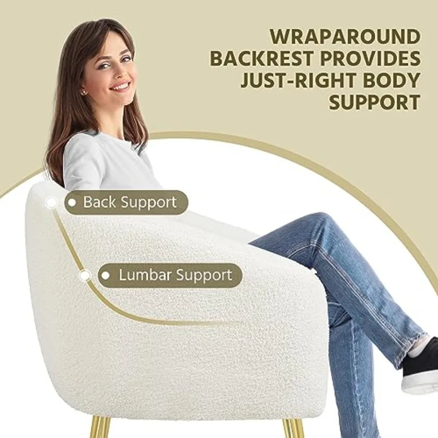 Accent Chair, Modern Cozy Vanity Chair with Gold Metal Legs, Boucle Fabric Armchair with Removable Seat Cushion for Living Room
