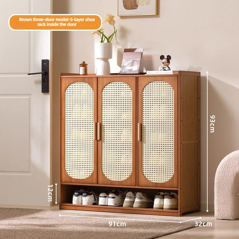 Multi Layer Bamboo Antique Style Shoe Cabinet, Rattan Breathable Shoe Cabinet, Living Room Kitchen Dining Room Storage Cabinet