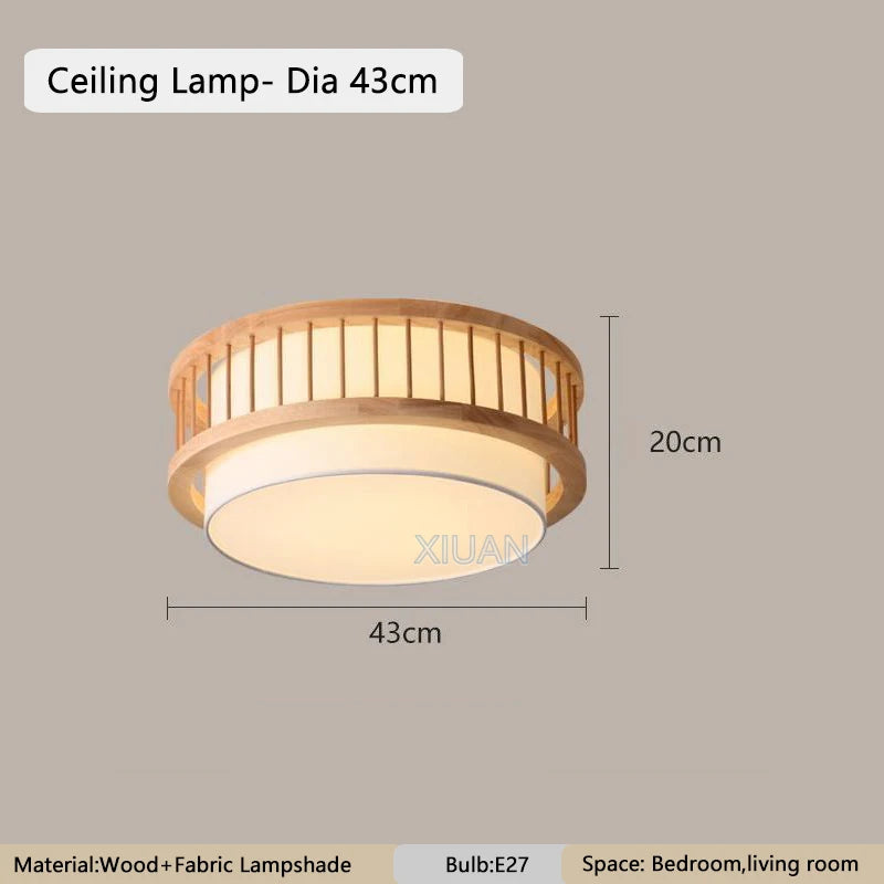 Nordic round Solid Wood Ceiling Lights Fabric Lampshade Living Room Bedroom Ceiling Lamp for Restaurant Study Homestay Indoor
