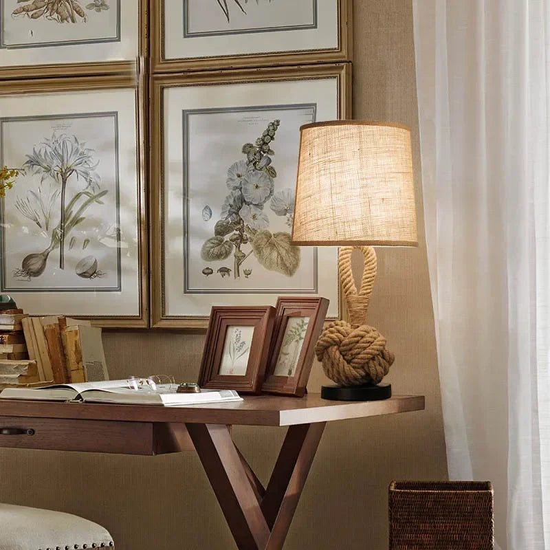 Vintage Hemp Rope Table Lamp E27 Night Table Lamps for Living Room Bedroom Study Desk Decor Industrial Iron Home Bedside Lamp