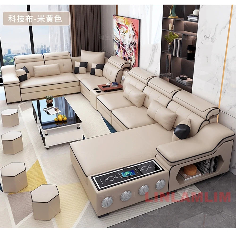 Modern Scientific Fabric Sectional Sofa Set with Chaise Lounge, Bluetooth Speakers, USB Charging Ports for Living Room