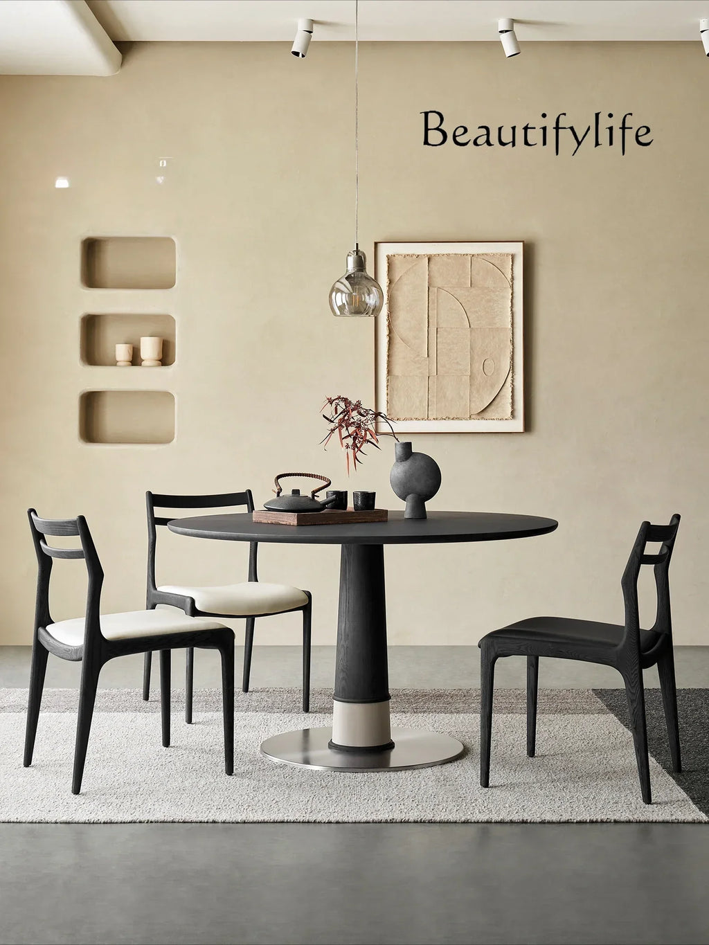 N19 Bamboo Dragonfly Black North American Imported Ash Wood Solid Wood round Dining Table Small Apartment Italian Minimalist Z