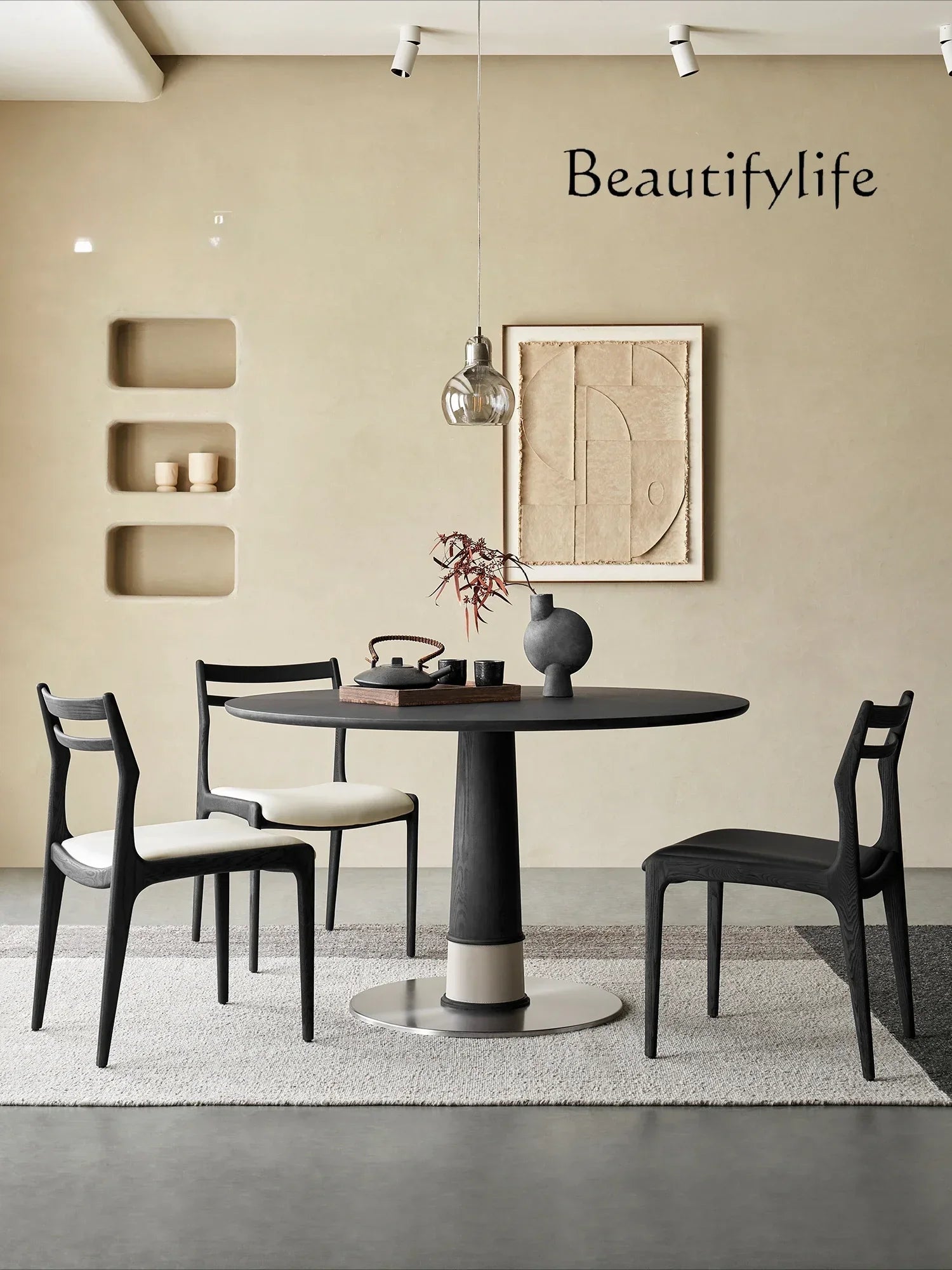 N19 Bamboo Dragonfly Black North American Imported Ash Wood Solid Wood round Dining Table Small Apartment Italian Minimalist Z