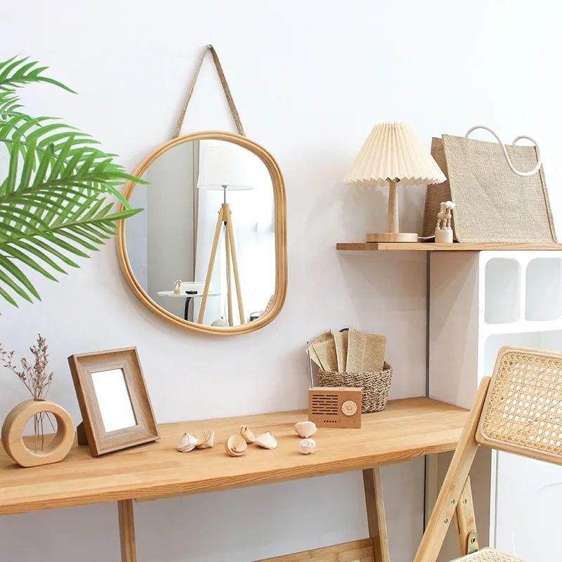 Japanese Style Wooden Wall Mirror for Bathroom Bamboo Rattan Vanity Irregular Frame Mirror Washroom Decoration Home Decor