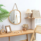 Japanese Style Wooden Wall Mirror for Bathroom Bamboo Rattan Vanity Irregular Frame Mirror Washroom Decoration Home Decor