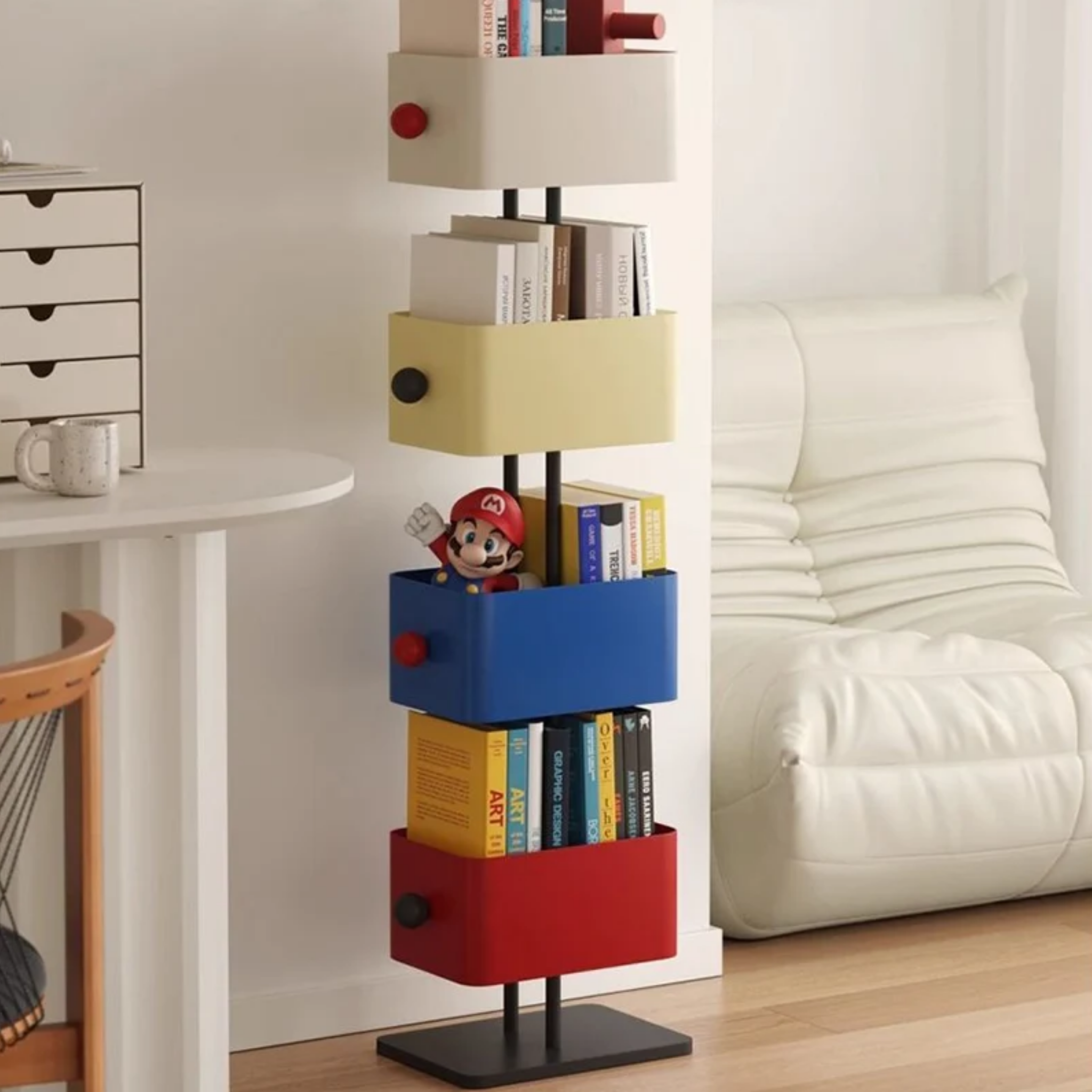Modern Nordic bookshelf with colorful open storage shelves, decorative display bookcase for living room, bedroom and study