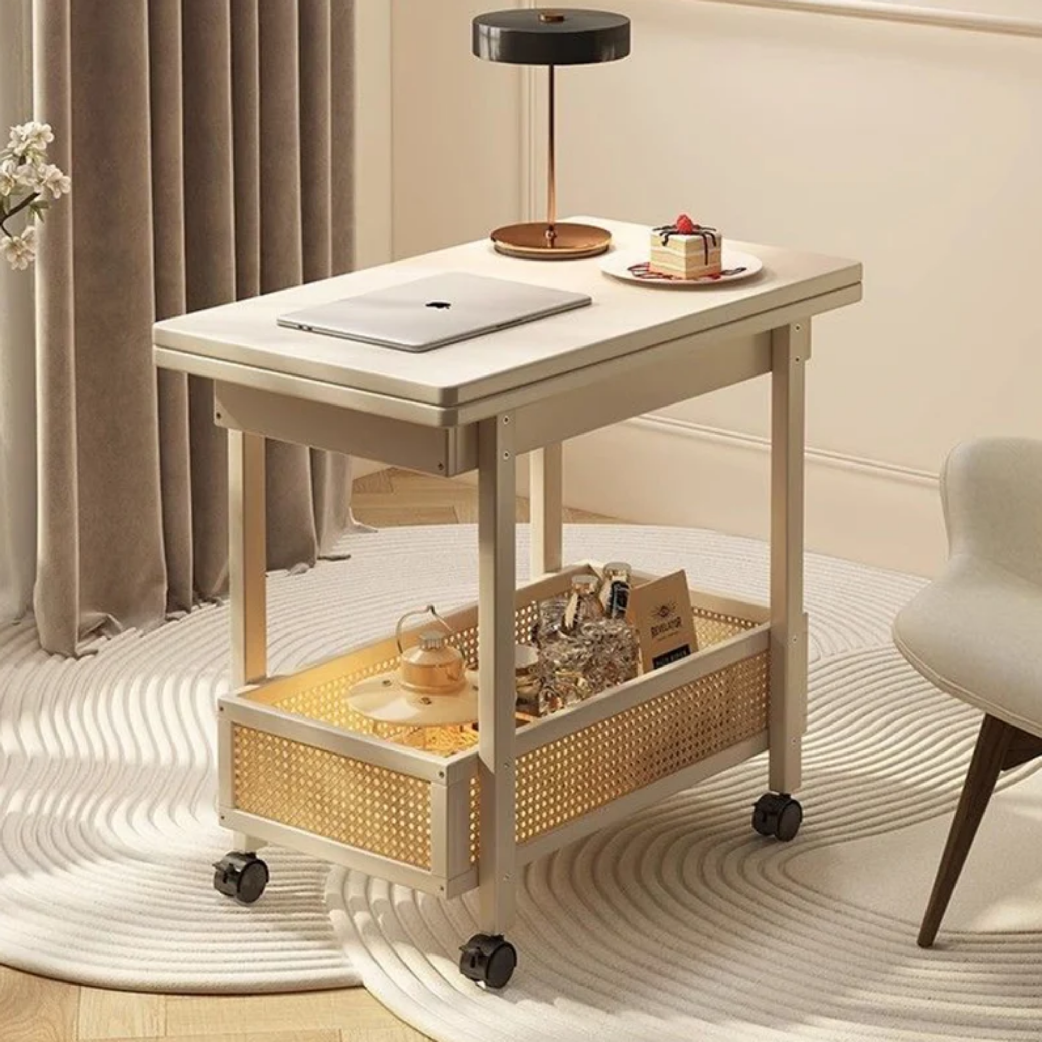 Vintage bamboo folding side table with one open shelf and rolling wheels, space-saving accent table for living room and bedroom