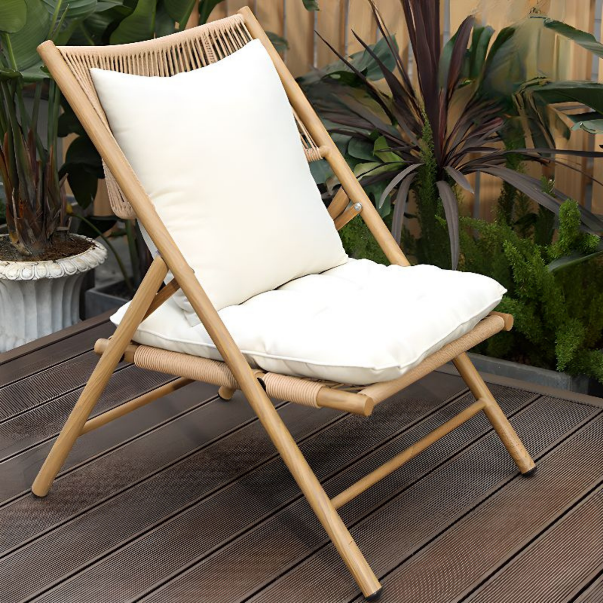 Modern Chinese style outdoor patio table and chair set with PE rattan, tempered glass table, carbon steel frame, two folding chairs, removable cushions, garden balcony and terrace furniture