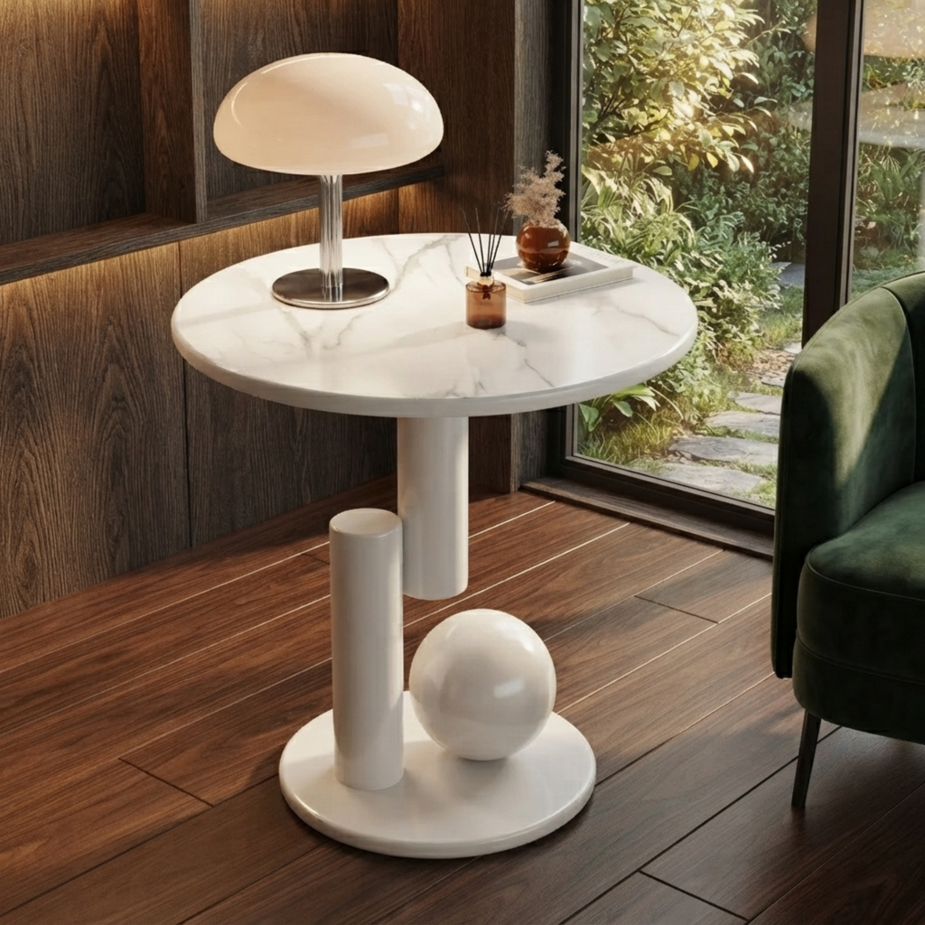 Modern Round Sintered Stone Side Table, Contemporary Iron Accent Table
