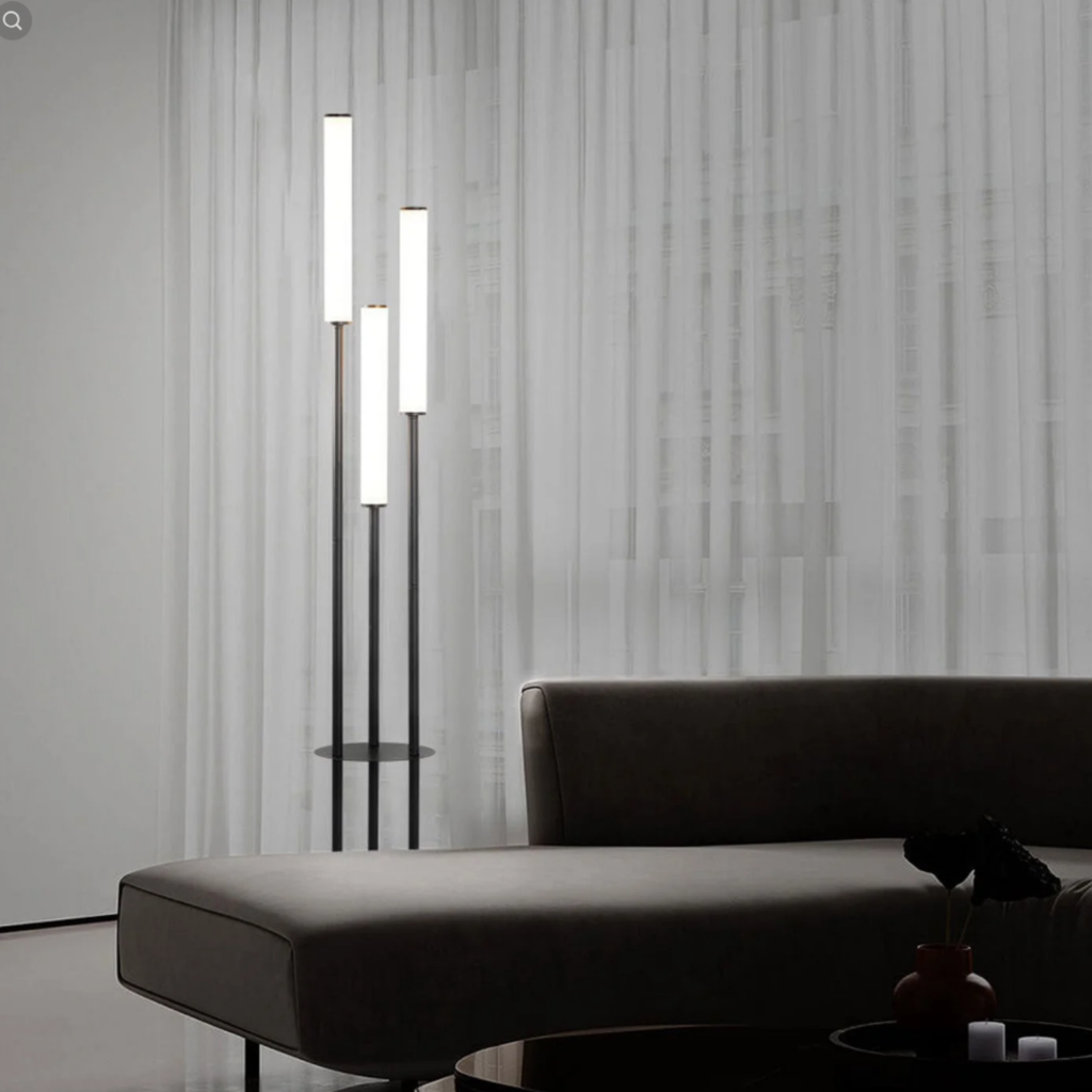 Modern 3-light LED floor lamp with long bar design, acrylic shades and remote-controlled dimming for contemporary living room and bedroom lighting