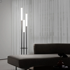 Modern 3-light LED floor lamp with long bar design, acrylic shades and remote-controlled dimming for contemporary living room and bedroom lighting