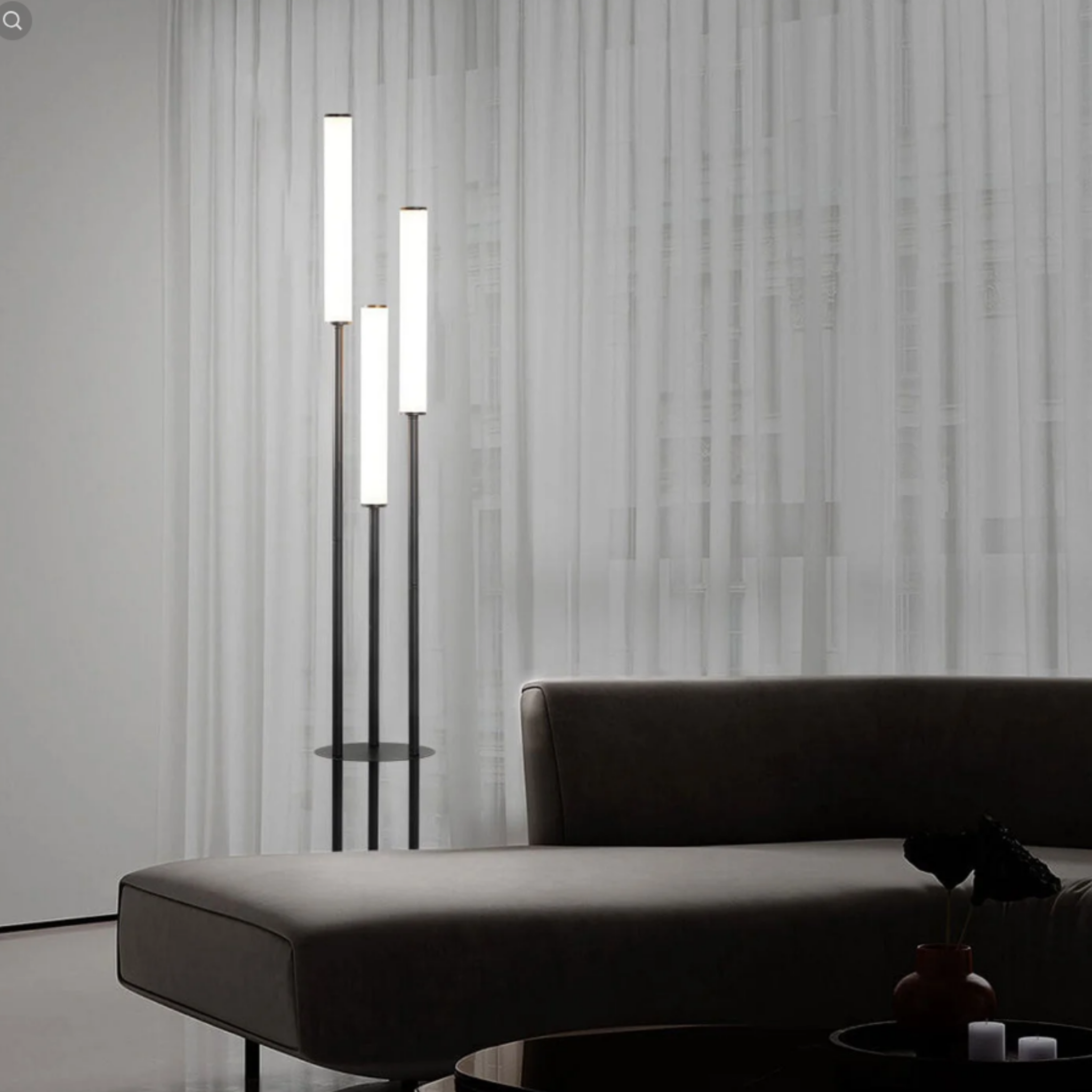 Modern 3-light LED floor lamp with long bar design, acrylic shades and remote-controlled dimming for contemporary living room and bedroom lighting