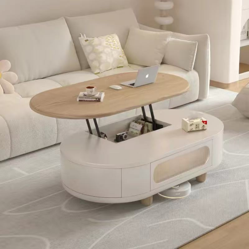 Modern Scandinavian oval lift-top coffee table with three drawers, solid wood construction and hidden storage for a contemporary living room