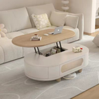 Modern Scandinavian oval lift-top coffee table with three drawers, solid wood construction and hidden storage for a contemporary living room