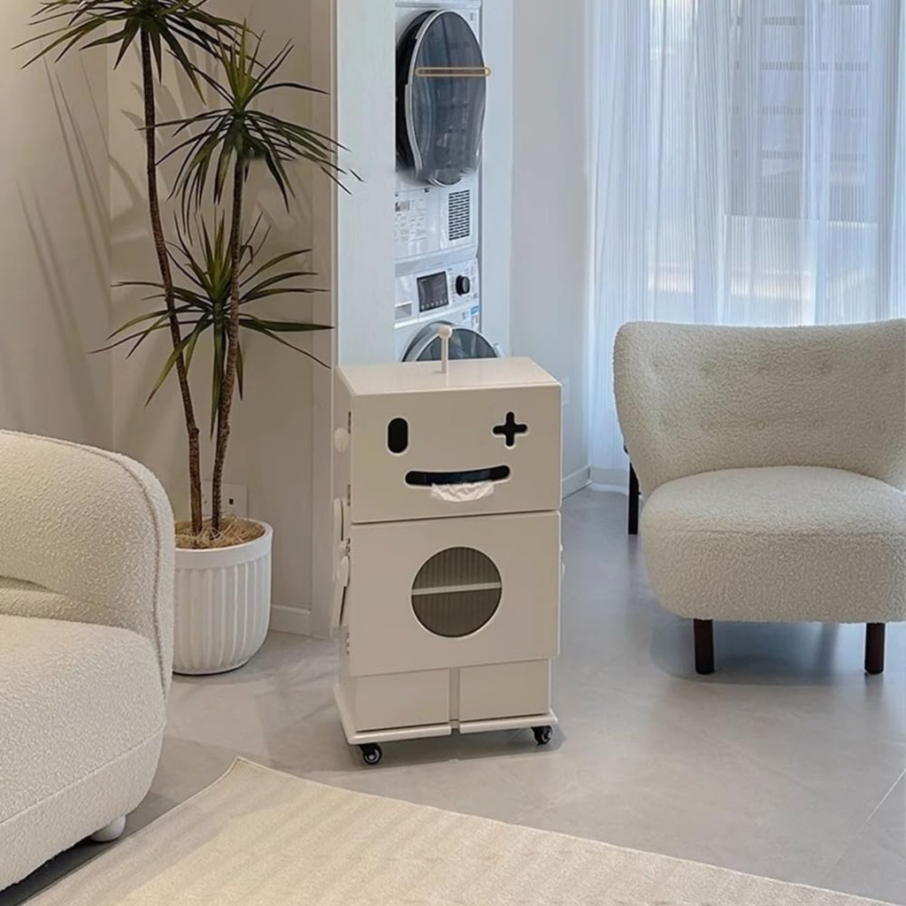 Creative robot side table with 2-tier storage, built-in tissue holder, mobile wheels, MDF construction and modern accent design for living room and sofa