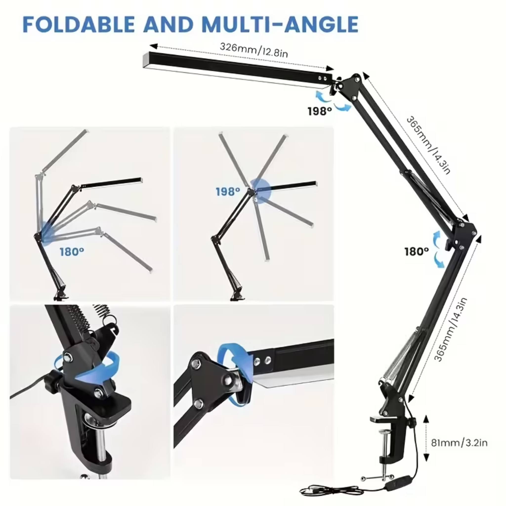 LED Clip-On Desk Lamp with Long Adjustable Arm, Clamp Table Light