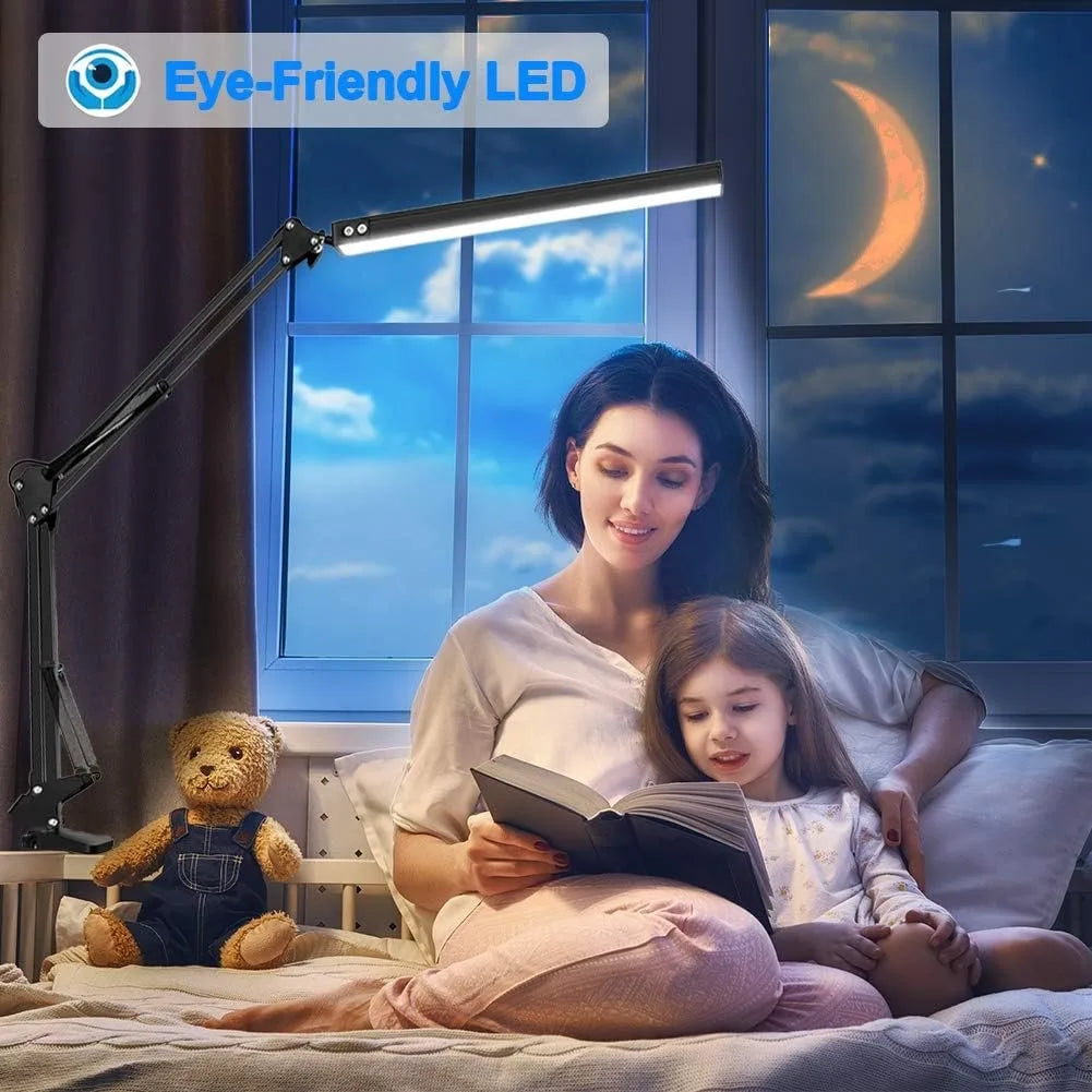 LED Folding Metal Desk Lamp Clip on Light Clamp Long Arm Diming Table Lamp 3 Colors Adjustable for Living Room Reading Computers