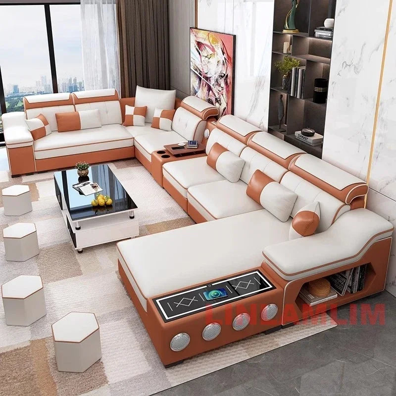 Modern Scientific Fabric Sectional Sofa Set with Chaise Lounge, Bluetooth Speakers, USB Charging Ports for Living Room