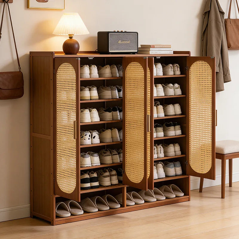 Multi Layer Bamboo Antique Style Shoe Cabinet, Rattan Breathable Shoe Cabinet, Living Room Kitchen Dining Room Storage Cabinet