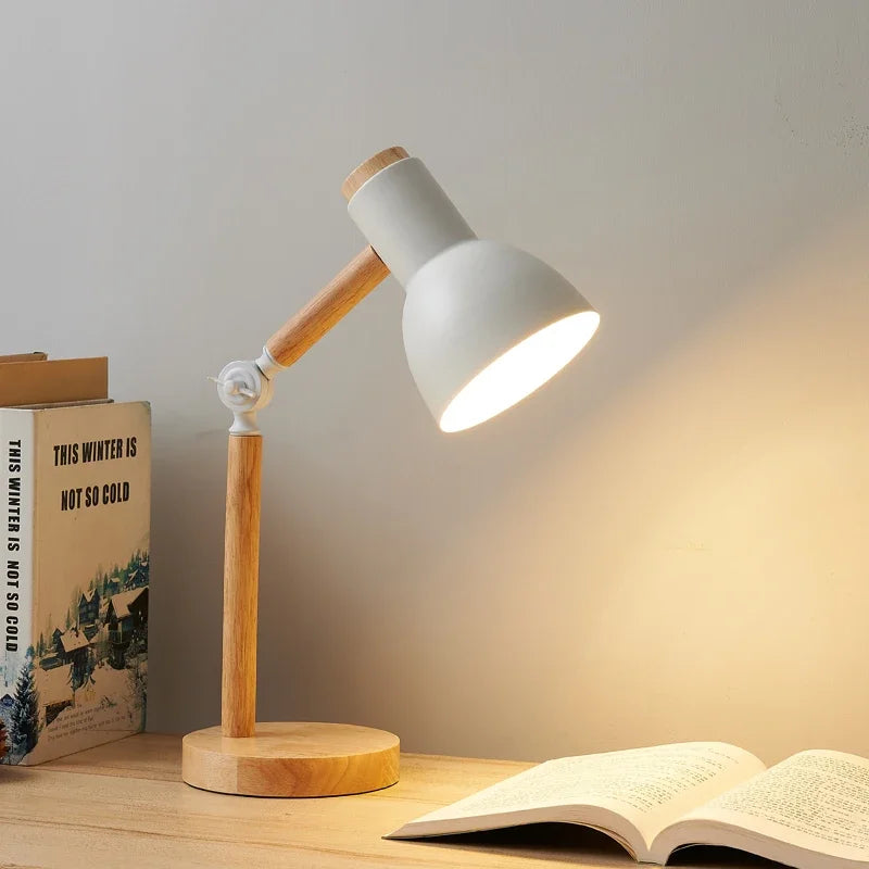 Creative Nordic Table Lamp - Wooden Art LED Turn Head Simple Design Eye Protection for Bedside Desk, Reading & Study