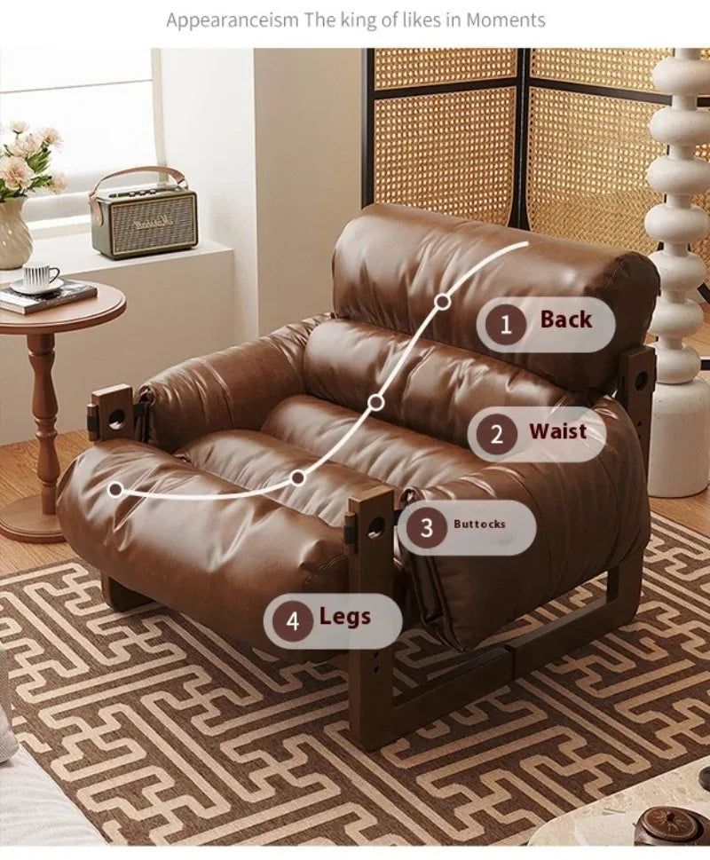 Solid Wood Frame Jersey Island Chair, Vintage Leather Single Sofa, Living Room Antique Leather Sofa, Casual Lazy Sofa