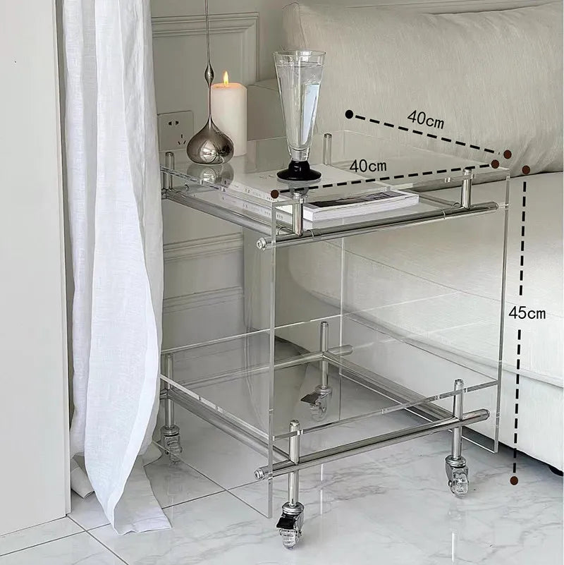 Acrylic 2-Tier Rolling Side Table, Mobile Storage Cart for Couch, Small Space-Saving Coffee Table with Wheels, Clear for Home
