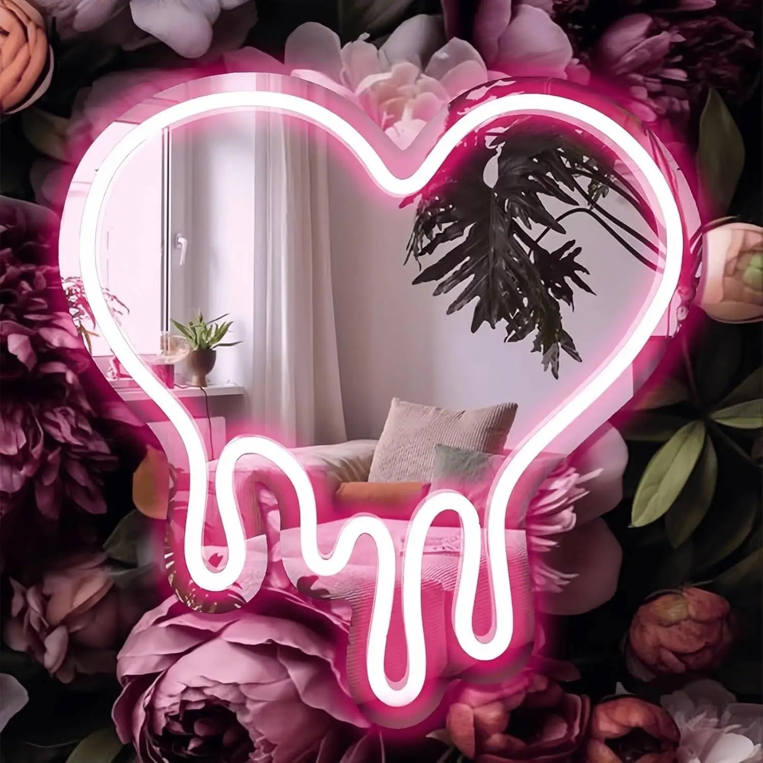Melting Heart Mirror Neon Sign USB Dimmable LED Neon Lights for Home Bedroom Girl'S Room Party Studio Shop Decor Birthday Gift
