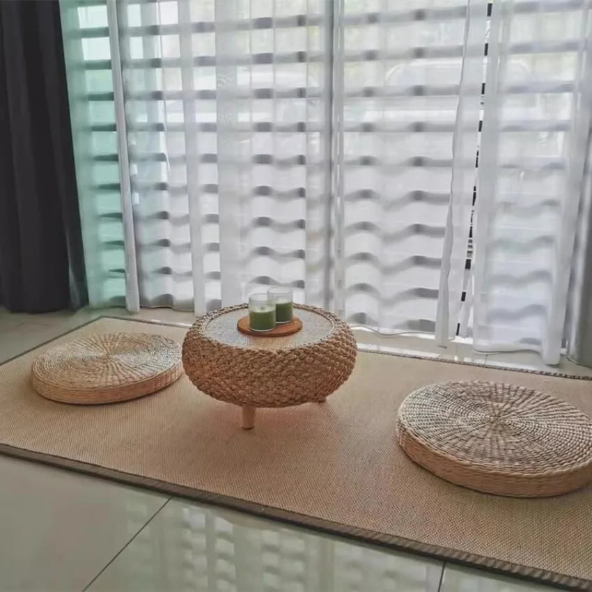 Handcrafted round Rattan Coffee Table Japanese Floor Tea Table for Living Room Bay Window Balcony or Small Spaces Natural Finish
