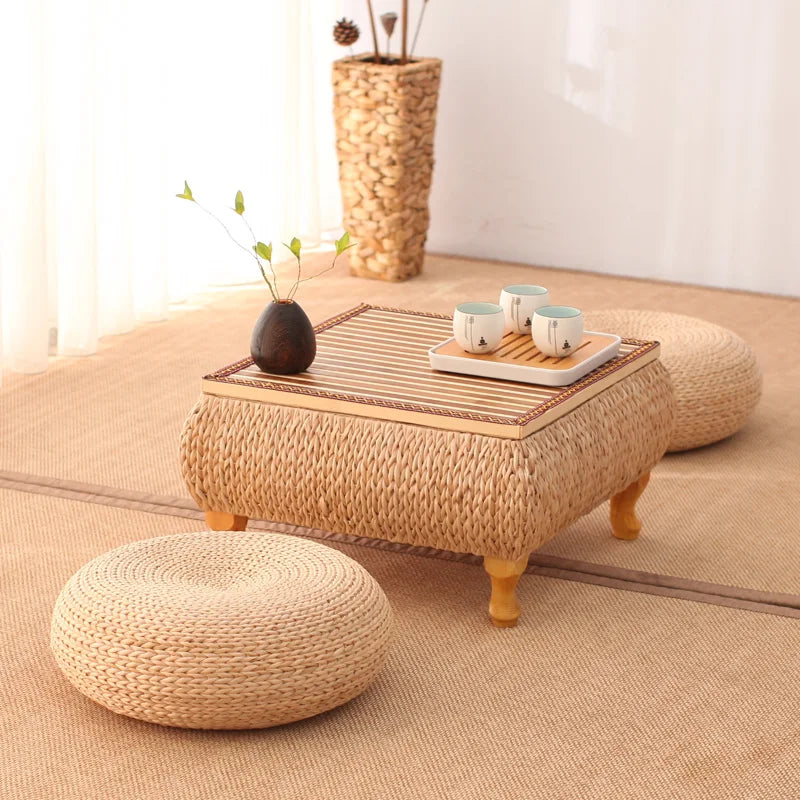 Small Coffee Table with Storage Bamboo and Rattan Tatami Platform Low Table for Living Room Furniture Home Bay Window Balcony