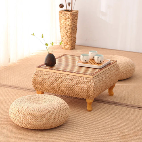 Small Coffee Table with Storage Bamboo and Rattan Tatami Platform Low Table for Living Room Furniture Home Bay Window Balcony