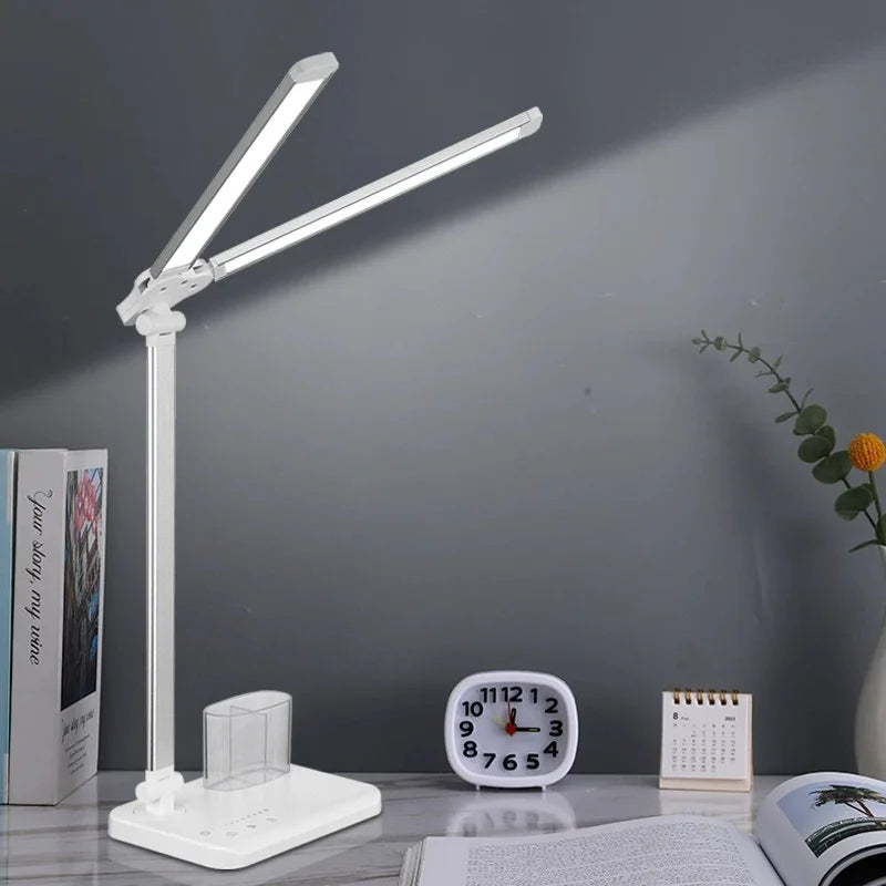Dual Swing-Arm Table Lamp LED Desk Lamp Dimmable Adjustable Reading Light for Home Office, Bedroom, Study, and Craft