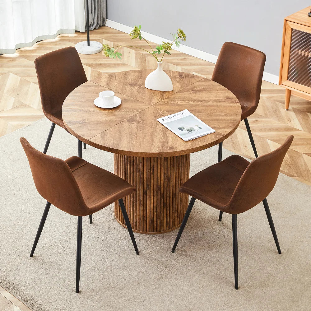 Minimalist Light Wood round Dining Table Set 100 Cm MDF Table with 4 Grey Synthetic Leather Wide Seat Chairs for Modern Home