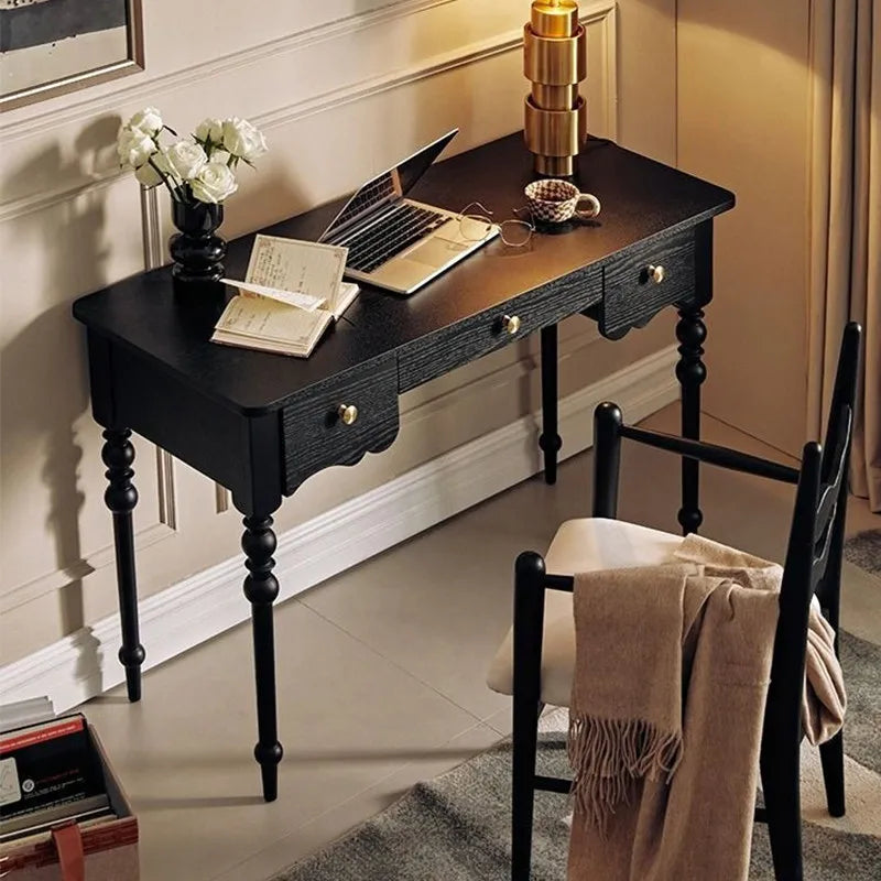 Vintage Solid Wood Desk, Black Study Desk, Makeup Table