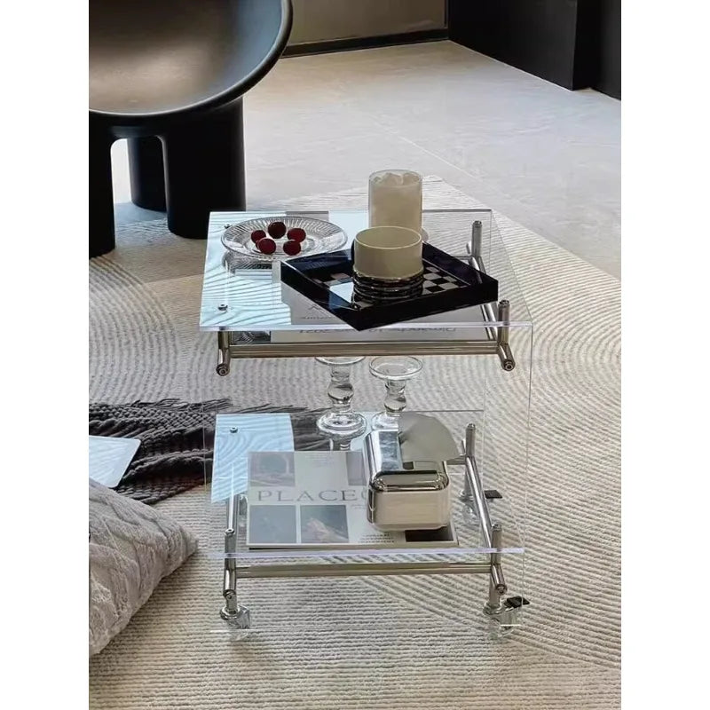 Acrylic 2-Tier Rolling Side Table, Mobile Storage Cart for Couch, Small Space-Saving Coffee Table with Wheels, Clear for Home