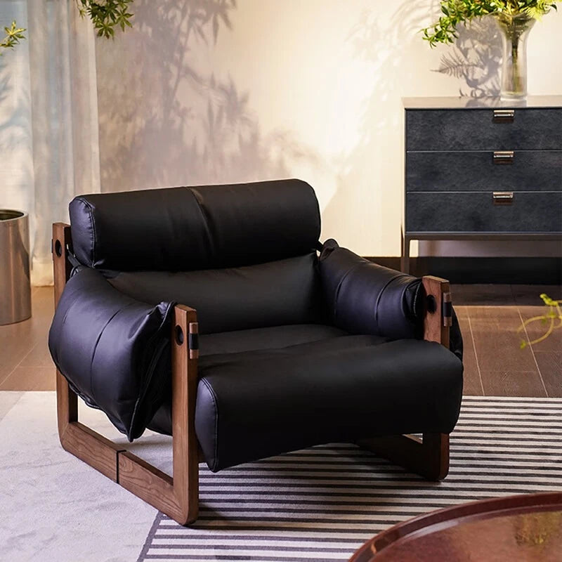 Solid Wood Frame Jersey Island Chair, Vintage Leather Single Sofa, Living Room Antique Leather Sofa, Casual Lazy Sofa