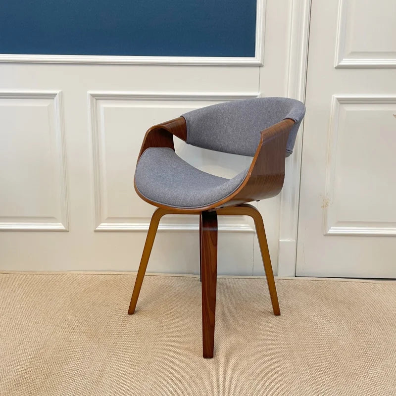 Mid Century Curved Back Dining Chair Armchair with Linen Fabric Upholstered Leisure Accent Chair with Wood Legs Walnut Finish
