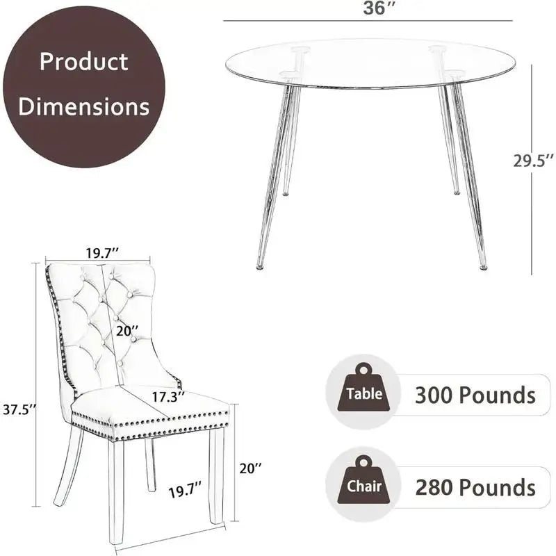 36'' Modern Minimalist round Glass Top Dining Set for 4, Luxury Circular Kitchen Table and Chairs.