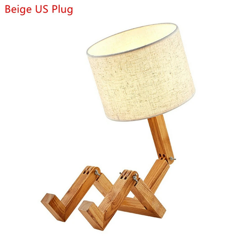 Modern Cloth Art Wood Desk Table Lamp Robot Shape Wooden Table Lamp Decor Luminaires Parlor Study Bedroom Night Light
