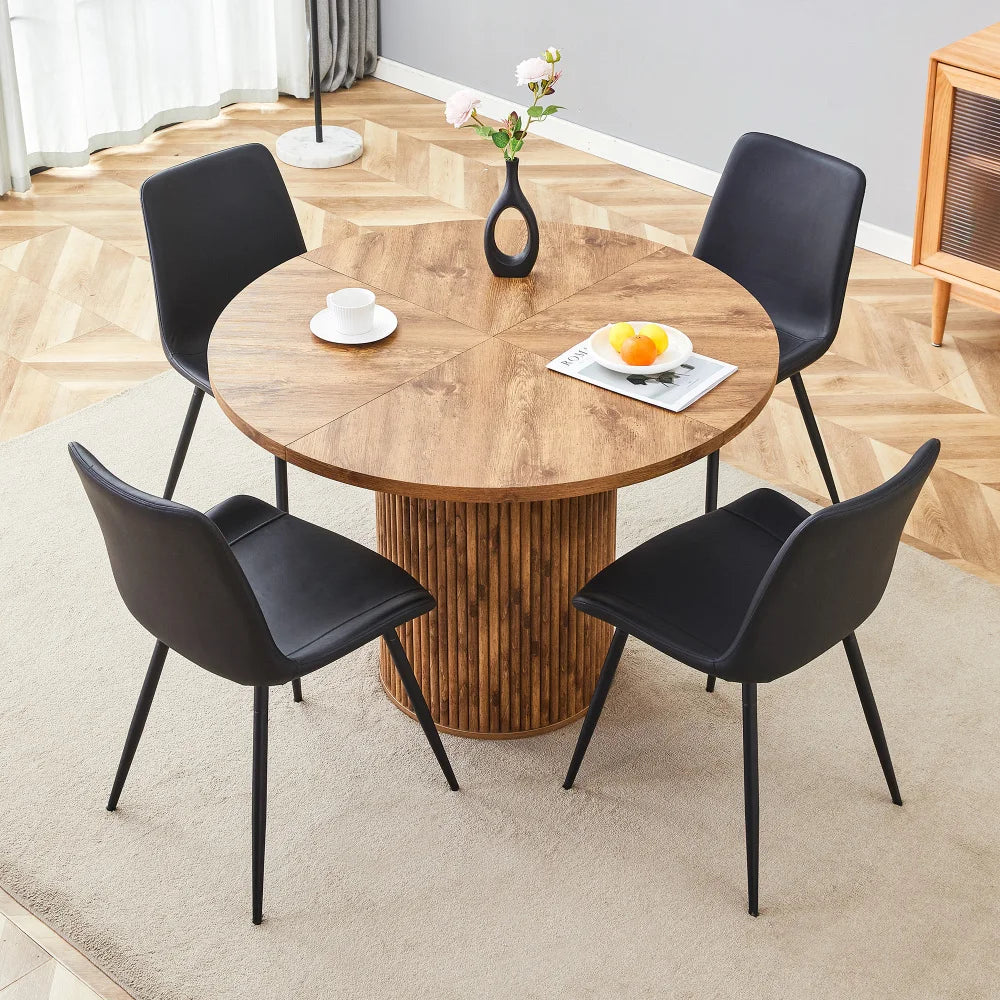 Minimalist Light Wood round Dining Table Set 100 Cm MDF Table with 4 Grey Synthetic Leather Wide Seat Chairs for Modern Home