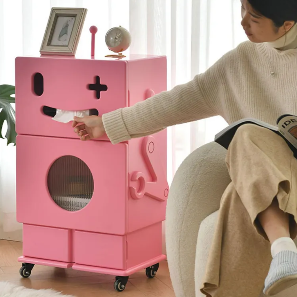 Creative robot side table with 2-tier storage, built-in tissue holder, mobile wheels, MDF construction and modern accent design for living room and sofa