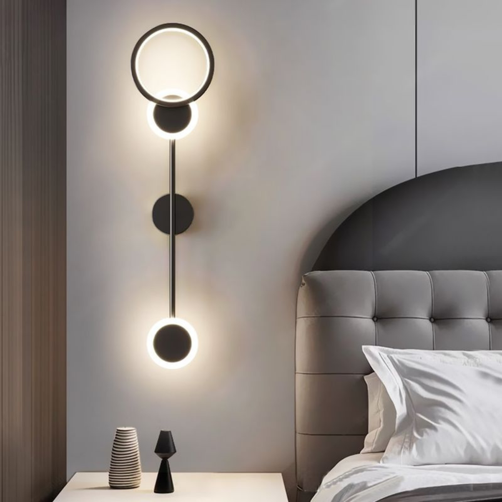 Modern geometric LED wall sconce with acrylic shade, luxury black and gold wall light for bedroom and contemporary interior lighting