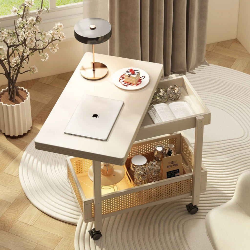 Vintage bamboo folding side table with one open shelf and rolling wheels, space-saving accent table for living room and bedroom
